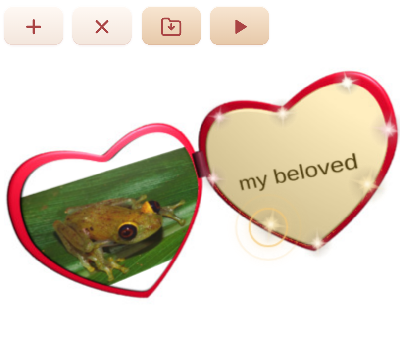 the editor: a frog photo in one heart, the words 'my beloved' in the other
