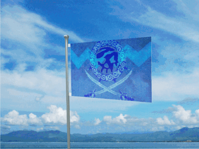 reconstruction: a blue Sea of Thieves crew flag waving on the makesweet flag animation