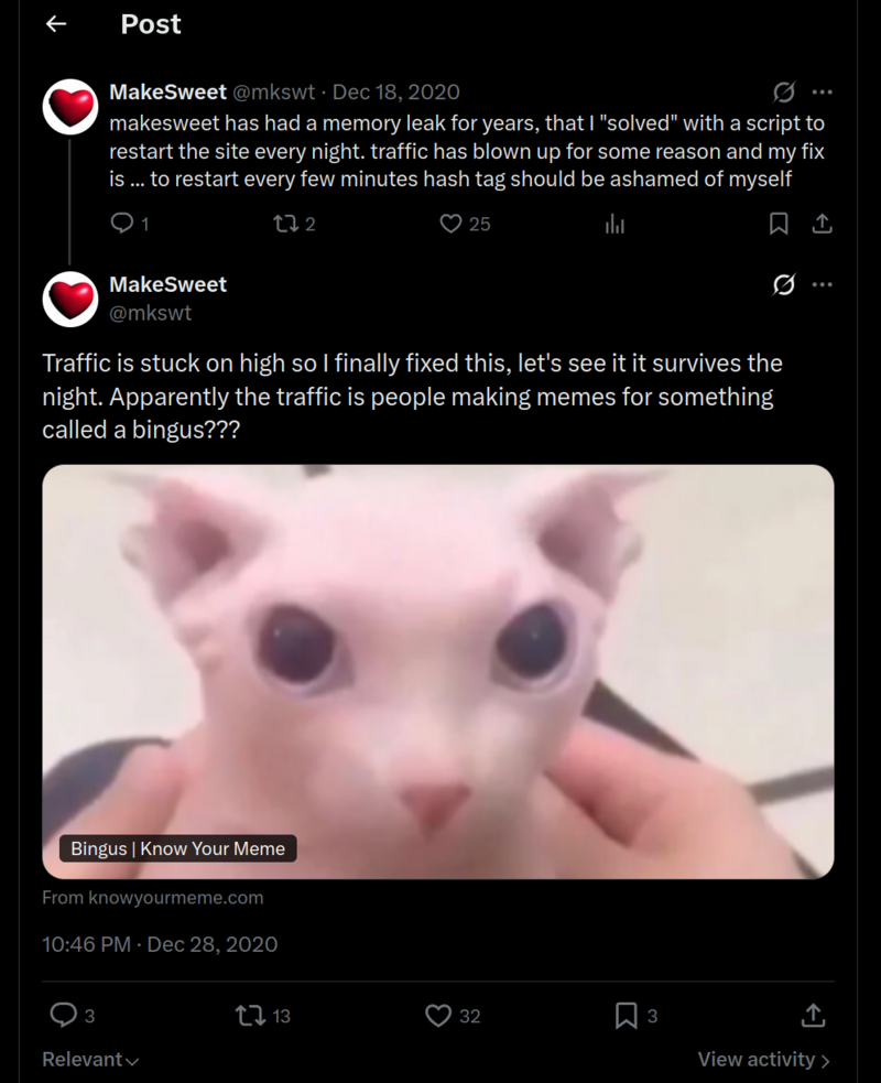 screenshot of two MakeSweet tweets: Dec 18 2020 reporting the site needs restarting every few minutes, and Dec 28 2020 identifying the cause as people making memes for something called a bingus???