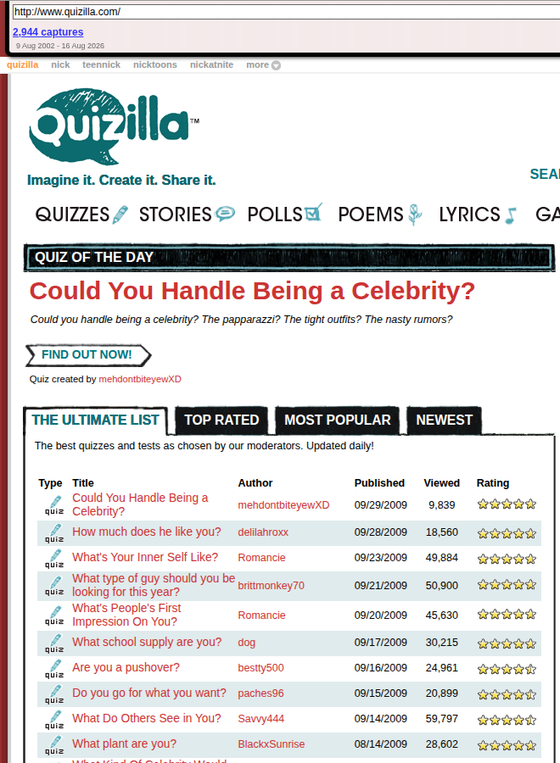 the Quizilla home page in 2009: a Nickelodeon-owned teen site with navigation reading Quizzes, Stories, Polls, Poems, Lyrics, Games, and a featured quiz titled Could You Handle Being a Celebrity?