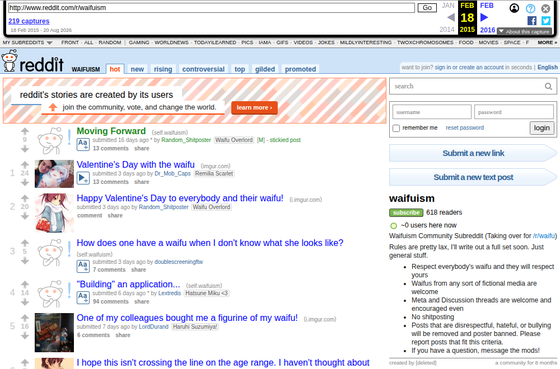 the r/Waifuism subreddit in February 2015: thread titles about waifus, and a sidebar carrying the community's early rules